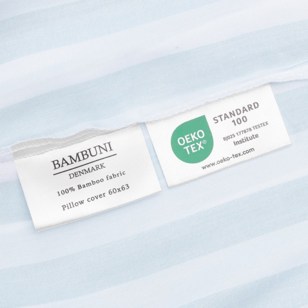 Bambus sengetøj hvid/havblå stribet bred