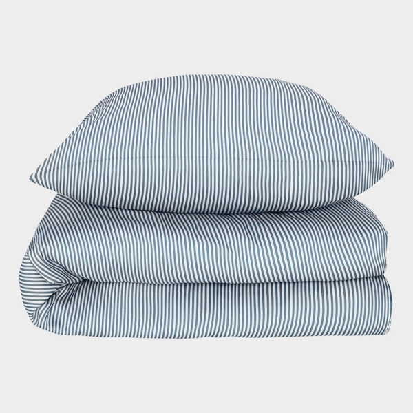 Bambus sengetøj hvid/grålig blå stribet