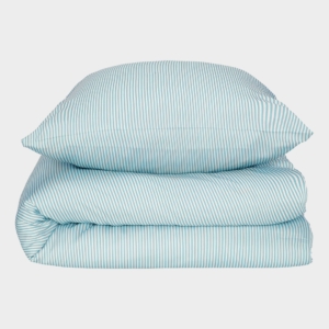 Bambus sengetøj hvid/havblå stribet
