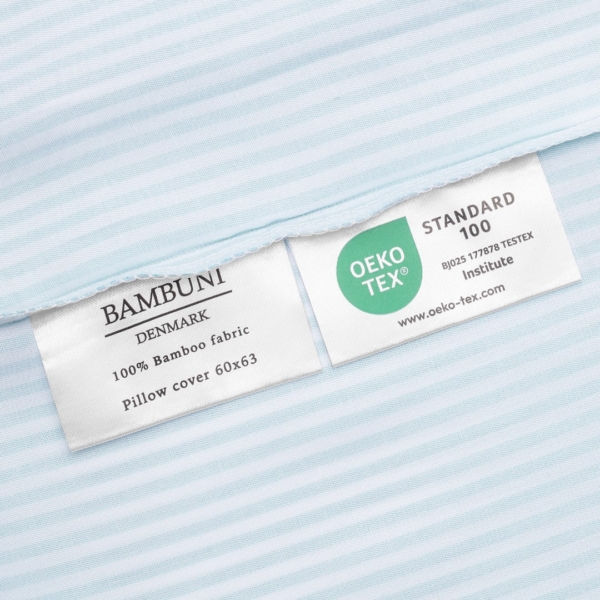 Bambus sengetøj hvid/havblå stribet